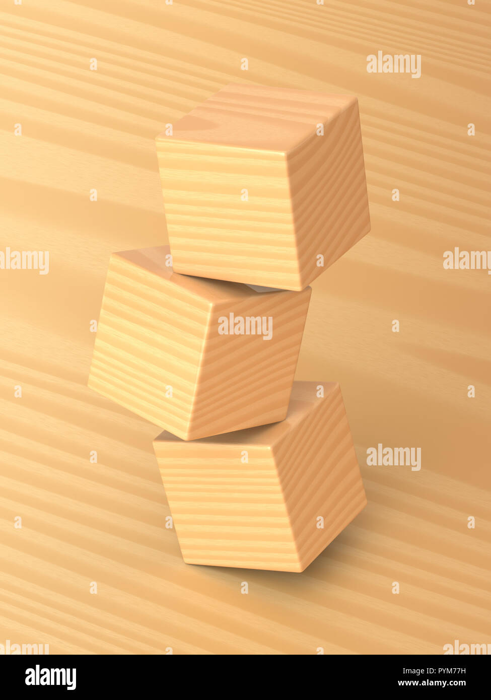 3d rendered angled view of tumbling plain wooden toy blocks on a light wood background. Stock Photo