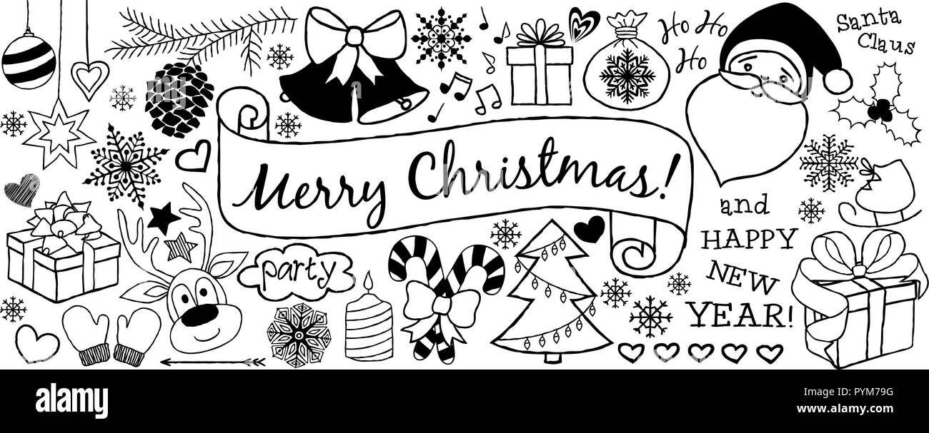 Christmas Doodles Banner Or Greeting Card Hand Drawn In Line Art