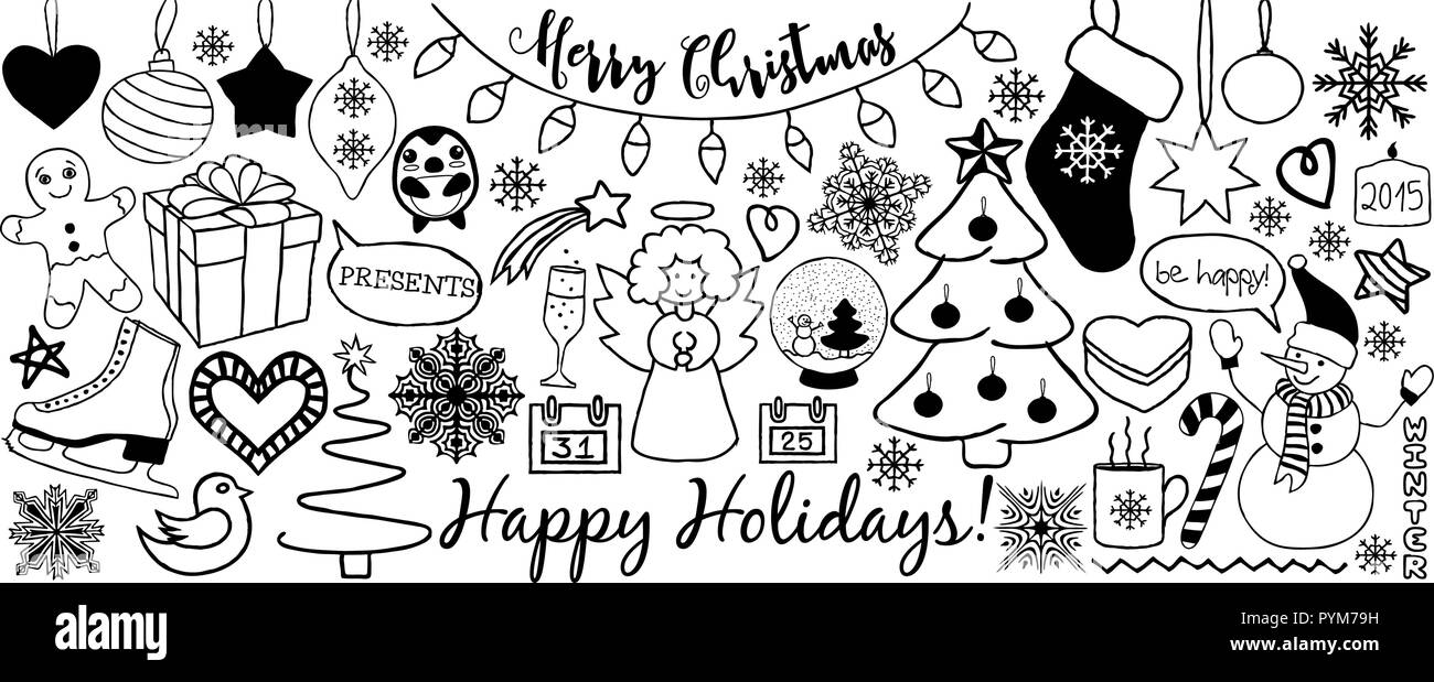 Christmas doodles banner or greeting card hand drawn in line art style ...