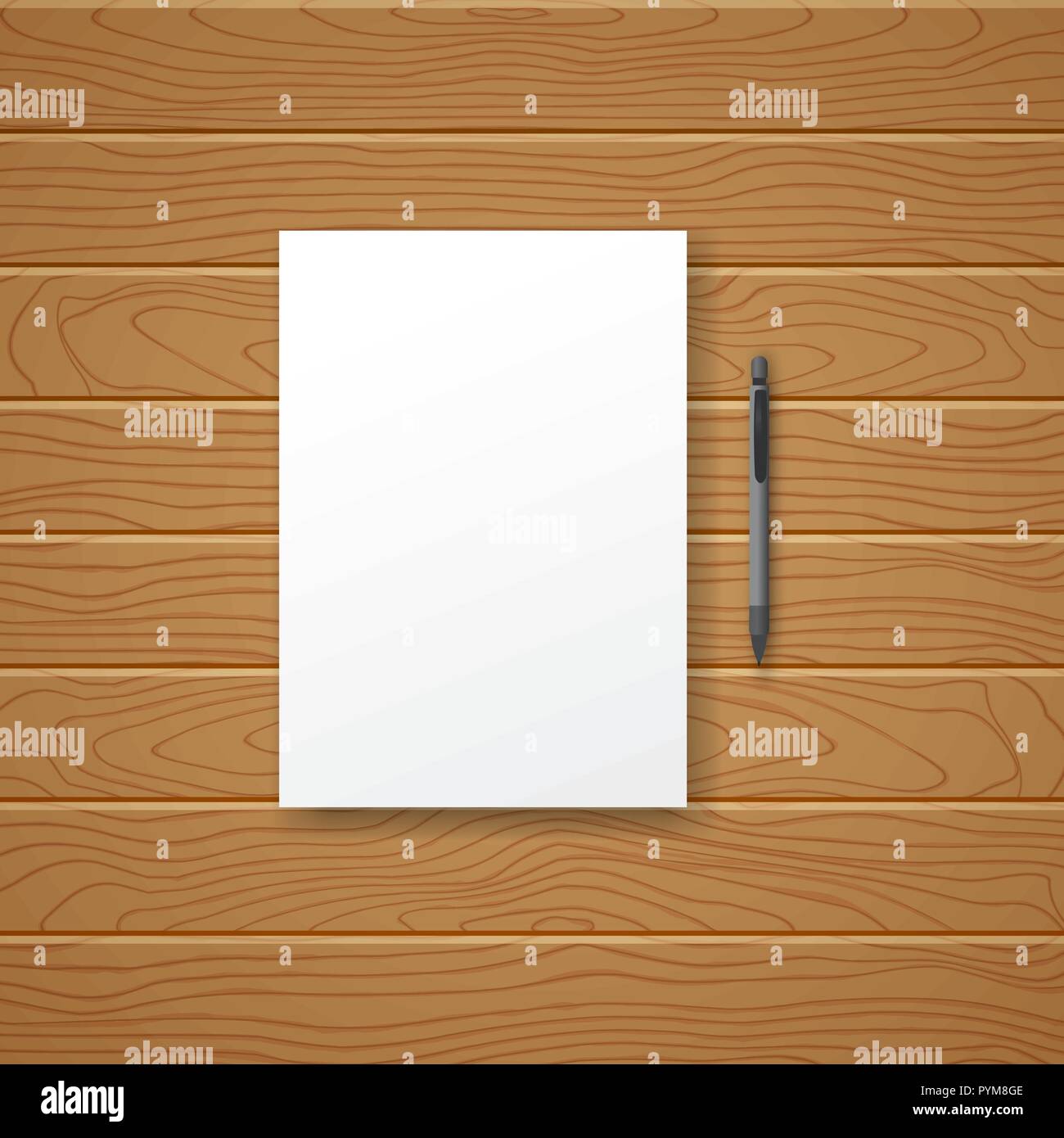 White empty sheet of paper and pen against in the form of a wooden table. Vector illustration of a template, flyer, poster, model. Stock Vector