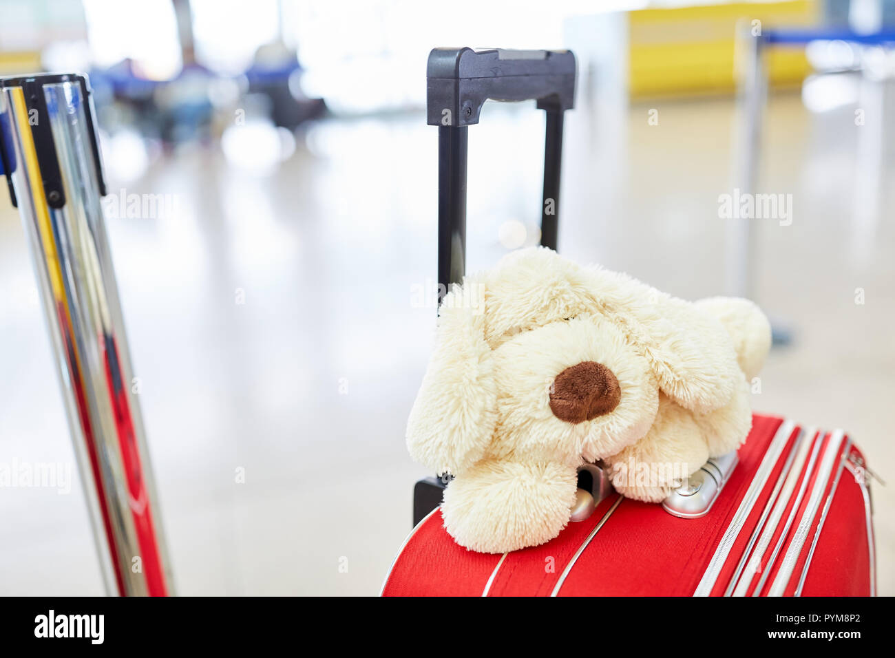 A cuddly toy lies on a wheeled suitcase in the airport terminal Stock Photo