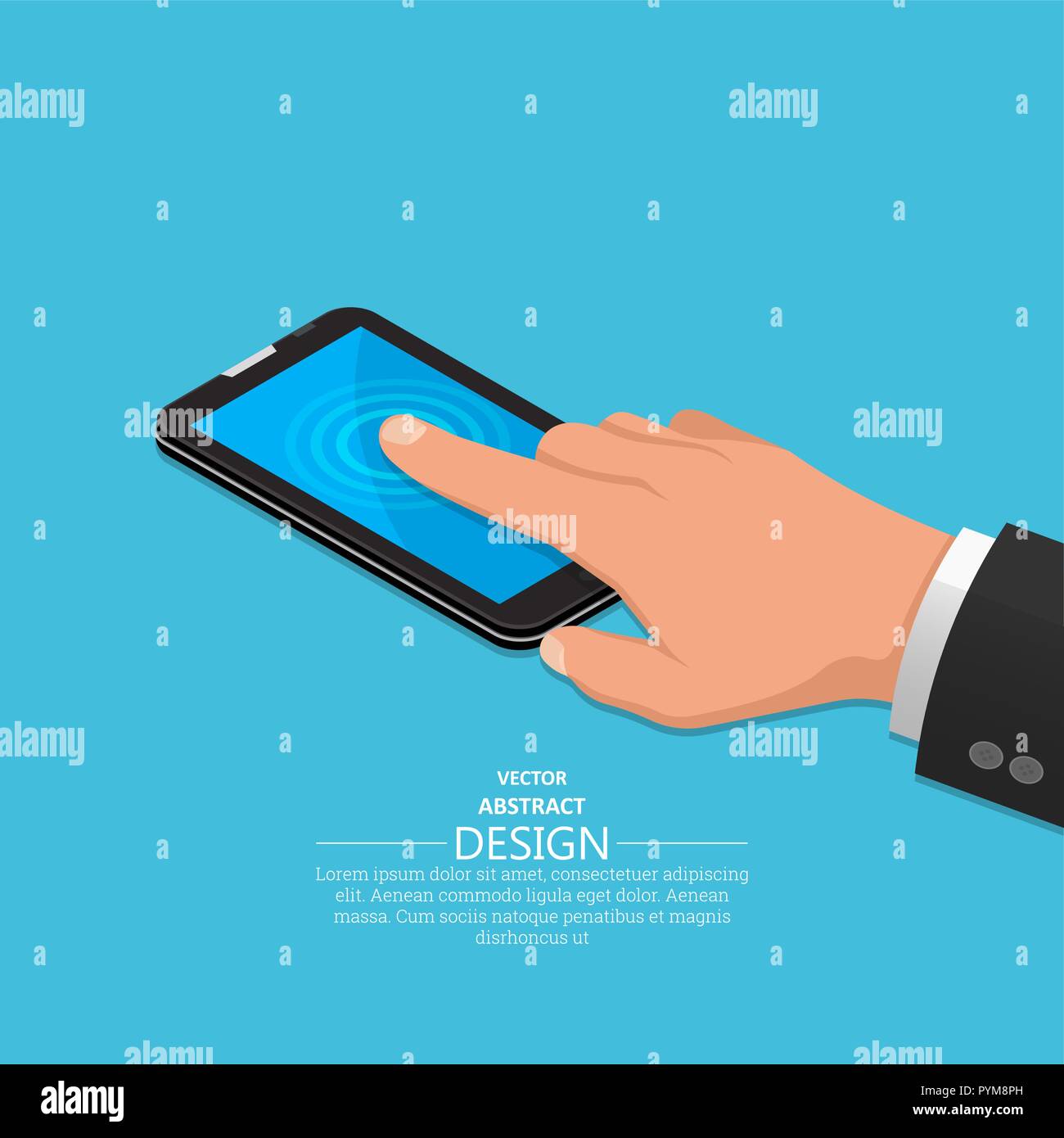 Hand finger on the touch screen of phone. A vectorial illustration in isometric, 3D style. Stock Vector