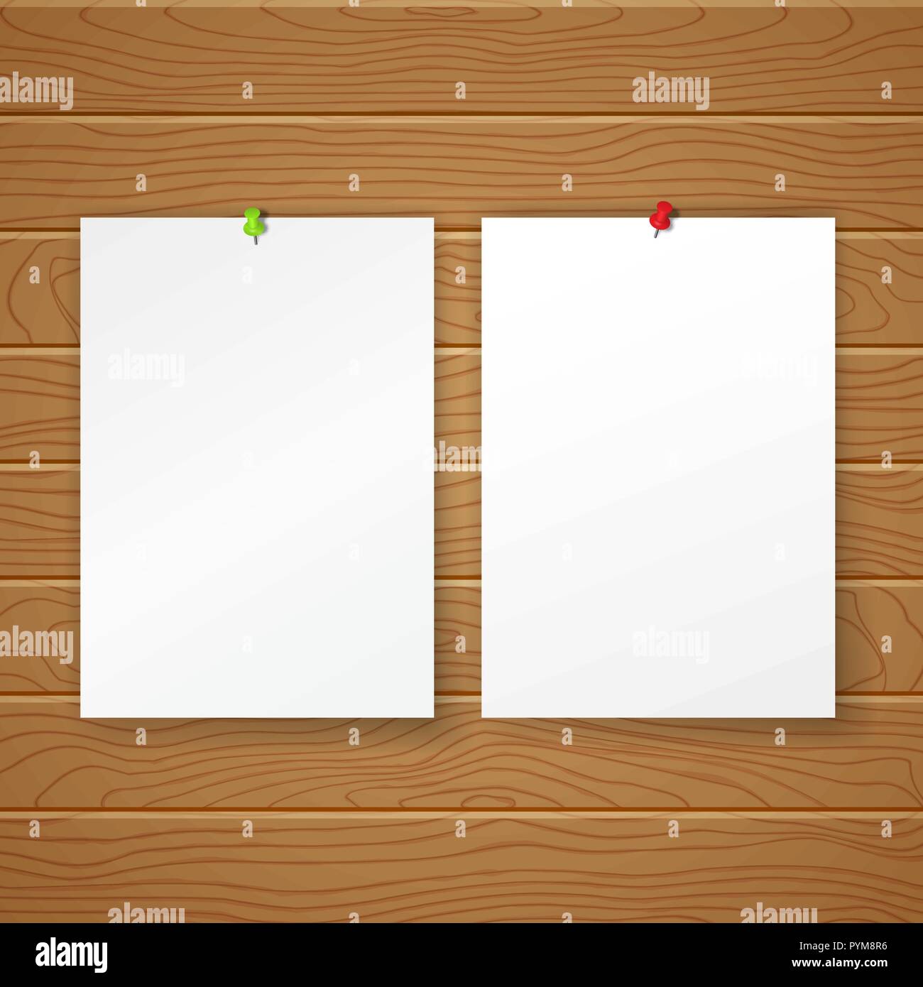 Two blank clean sheets in vertical position are pinned on a wall from wooden texture. Vector illustration of the poster, leaflet. A frame for the text Stock Vector