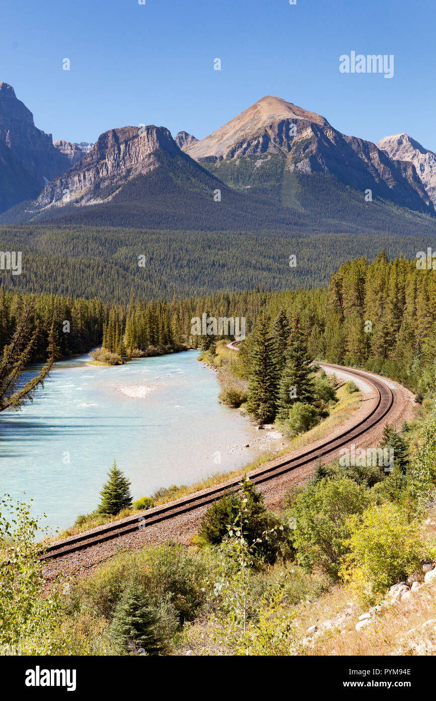 Train track in the Canadian Rocky Mountains, Alberta, Canada Stock Photo