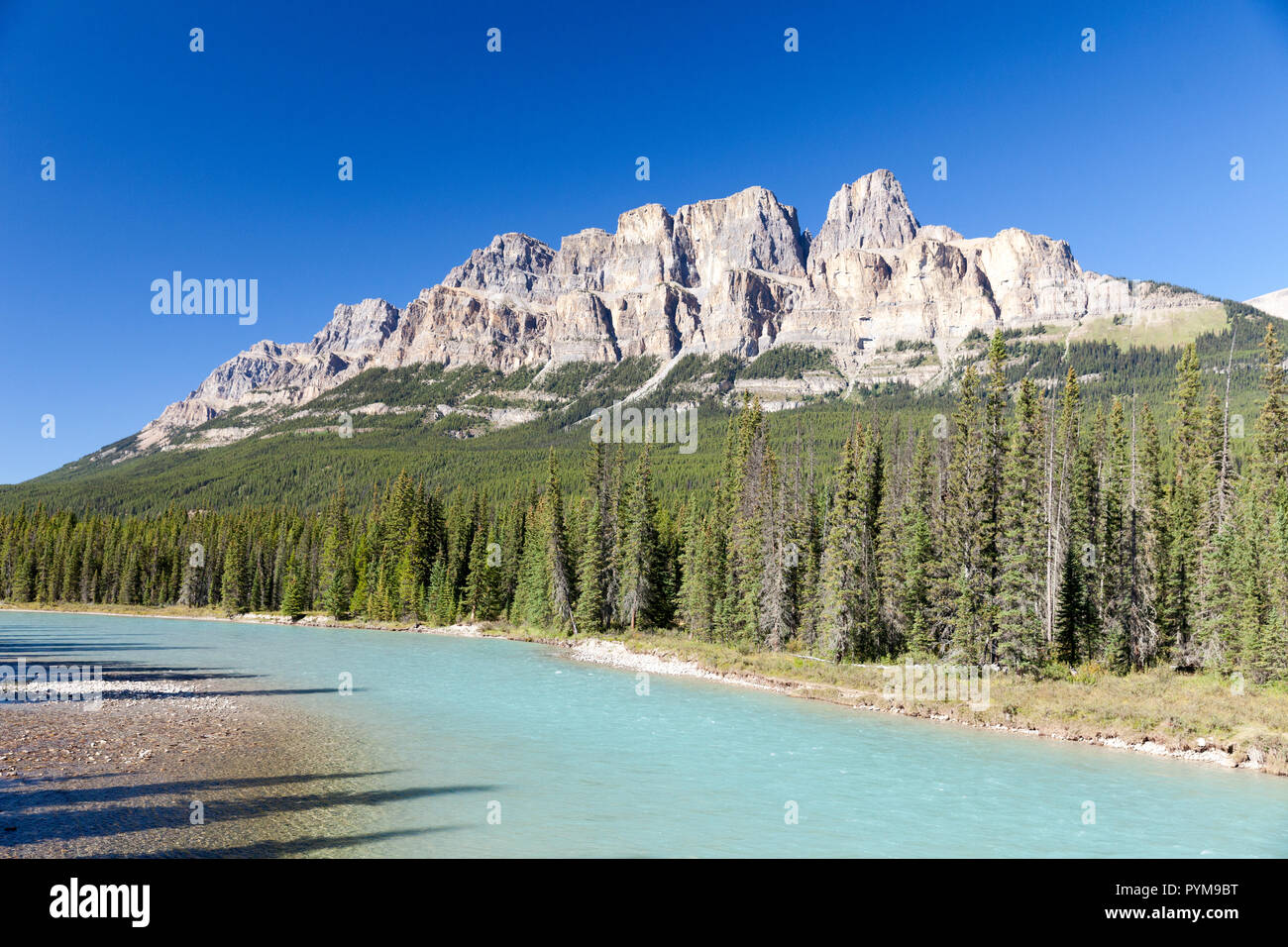 Castle Mountain and Bow River, Alberta, Canada Stock Photo