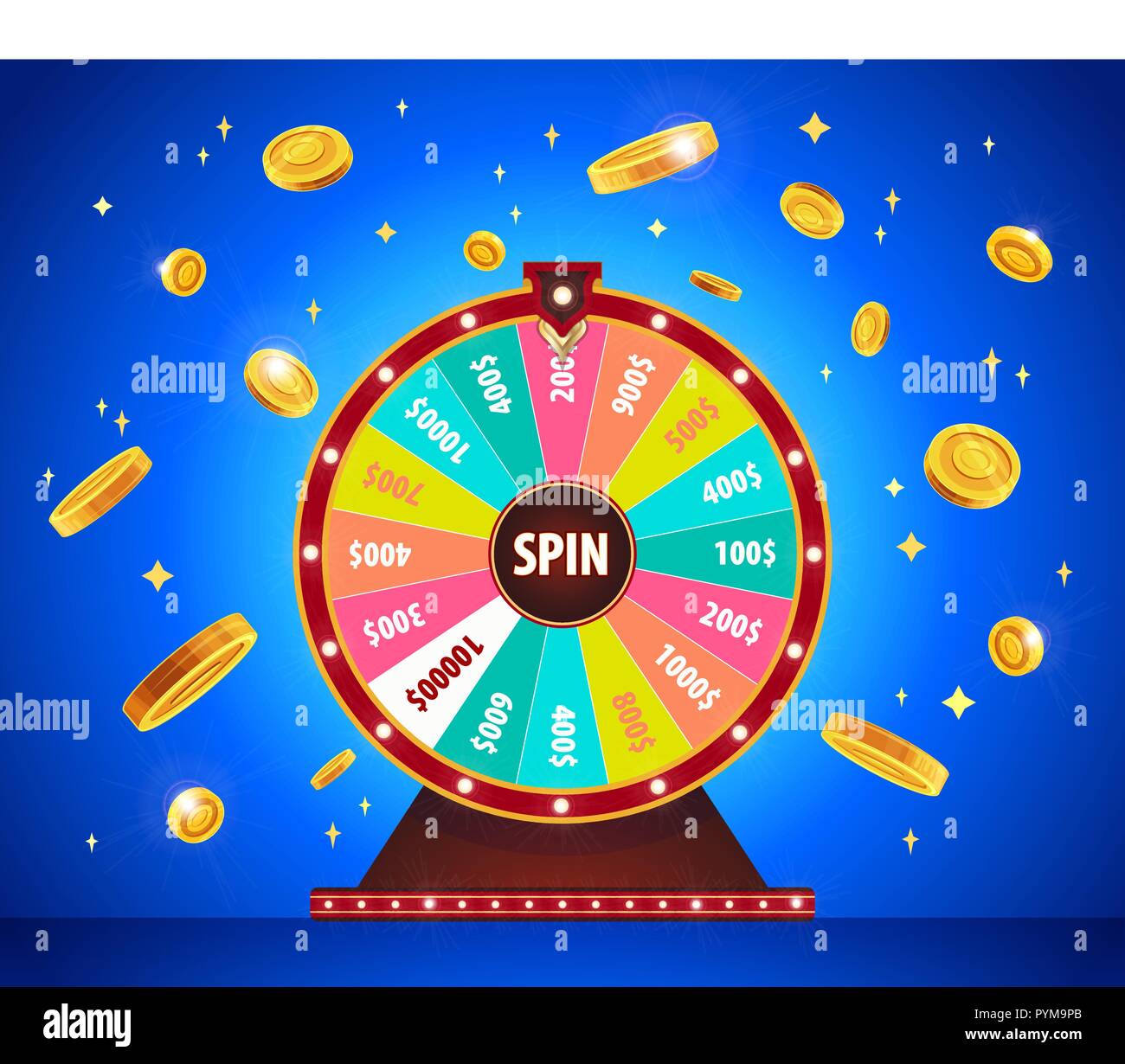 Wheel of Fortune with gold 3d coins, lottery and luck. Stock Vector