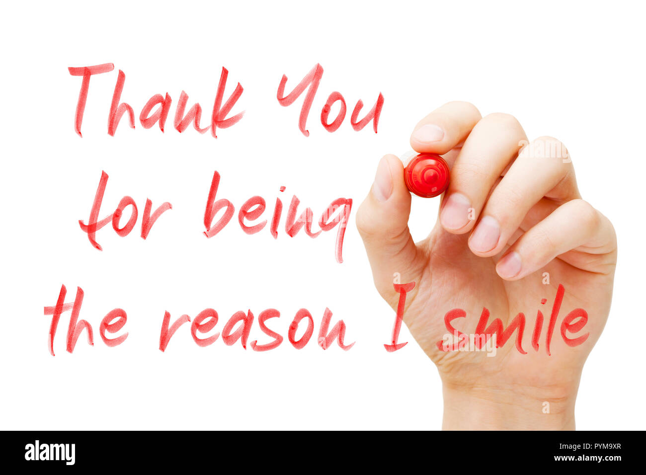 Hand writing quote Thank You For Being The Reason I Smile with red marker on transparent wipe board isolated on white. Stock Photo