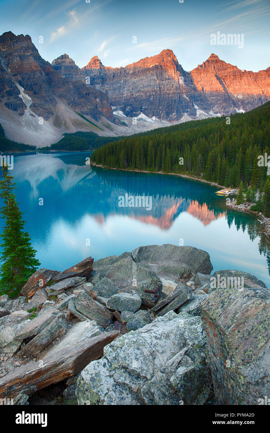 Moraine Lake, Alberta, Canada at Sunrise Stock Photo
