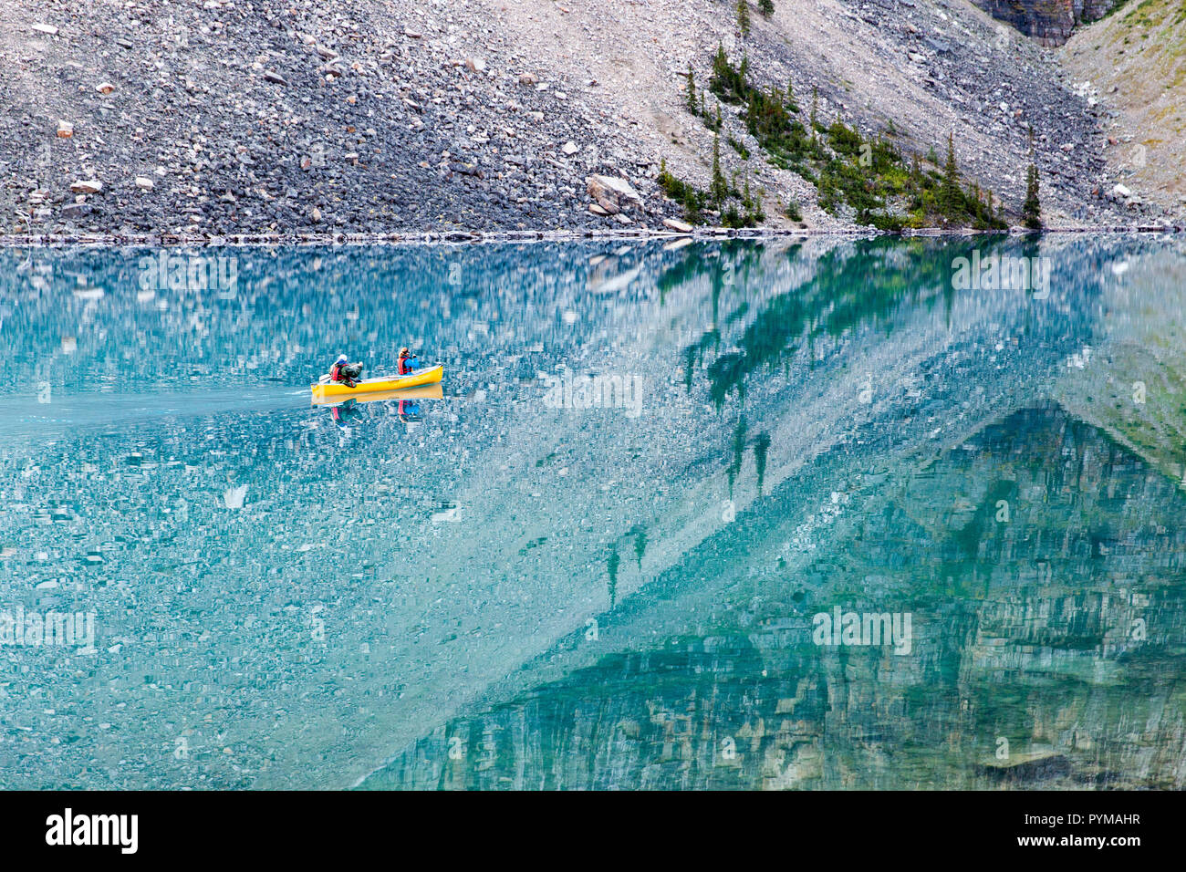 Canoe on Moraine Lake, Canada Stock Photo
