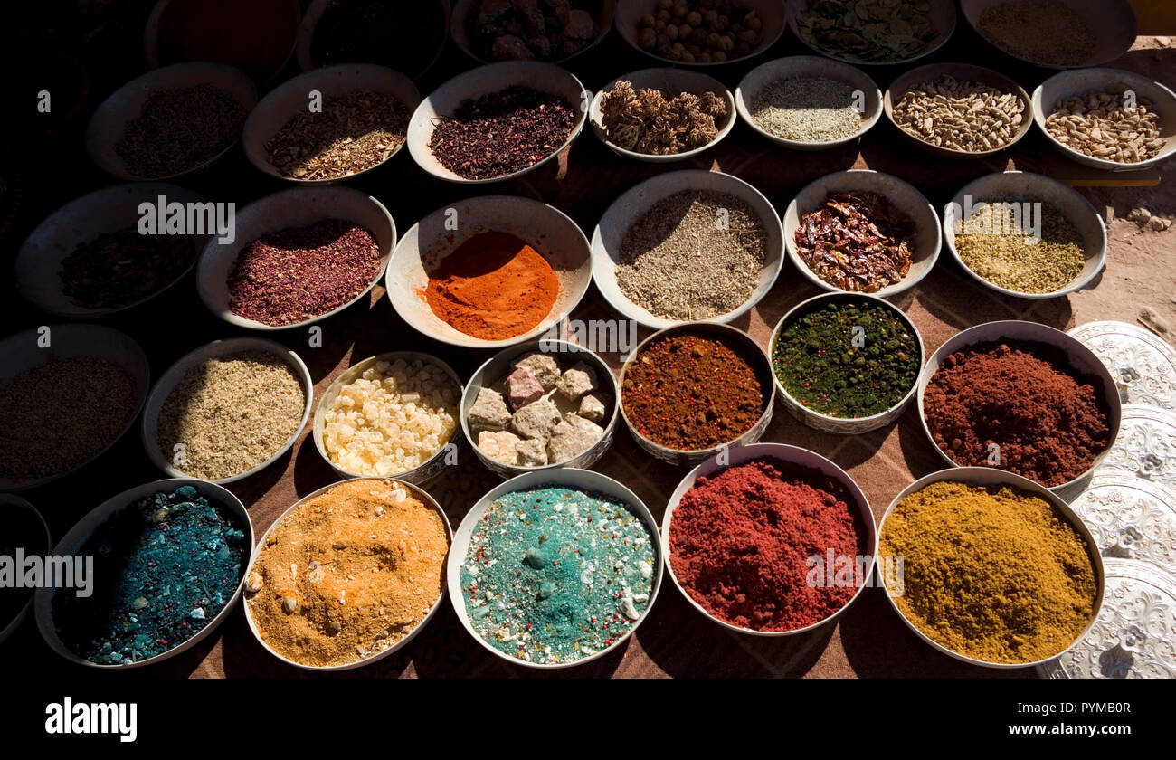 Colourful spices are displayed for sale outside s shop in the Petra Archaeologic Park, in Jordan, October 24, 2018 Stock Photo