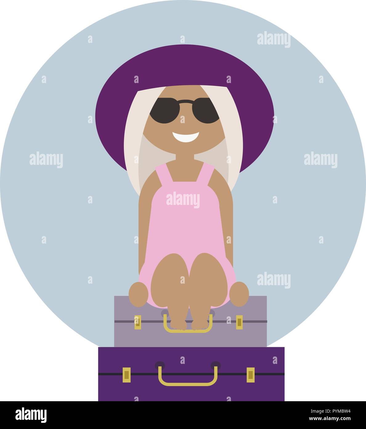 Cute tanned blond girl traveler sitting on the luggage Stock Vector