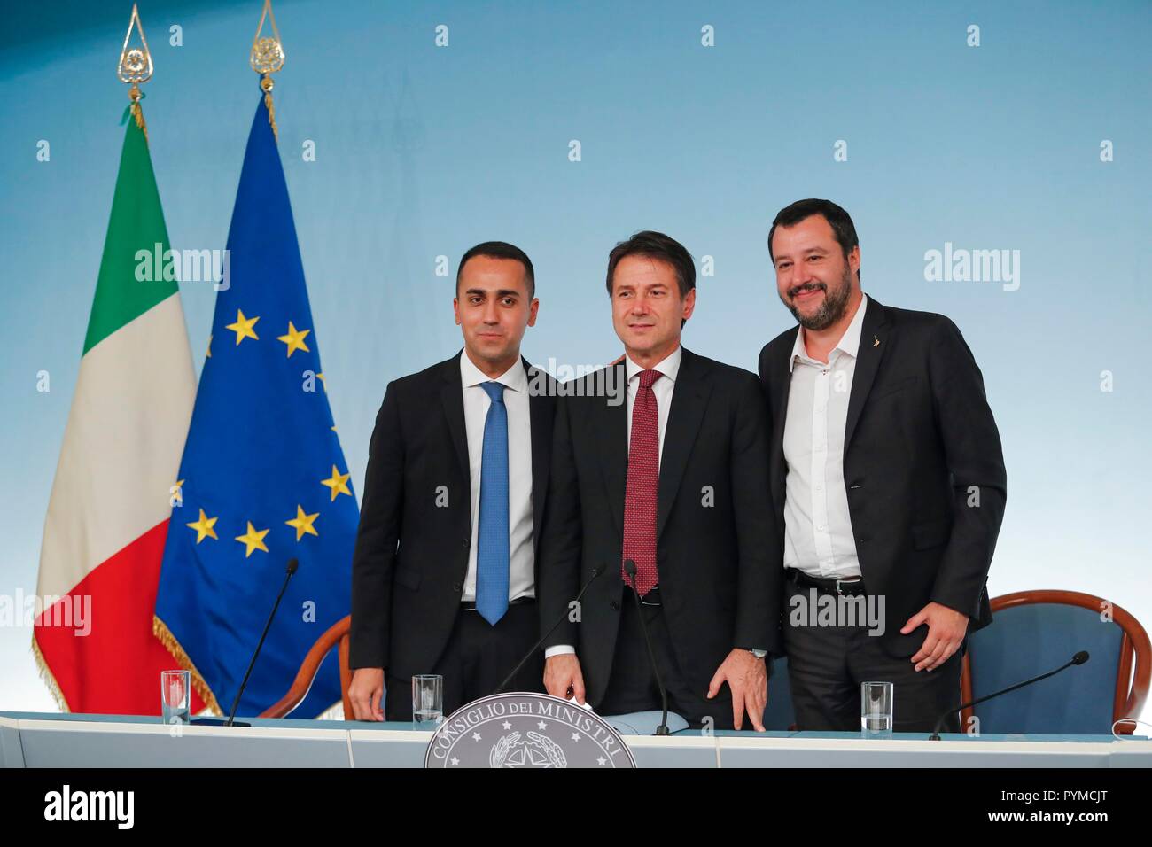 Minister of Labor Luigi Di Maio, Premier Giuseppe Conte, Minister of the Interior Matteo Salvini (from right to left), take part in a press conference Stock Photo