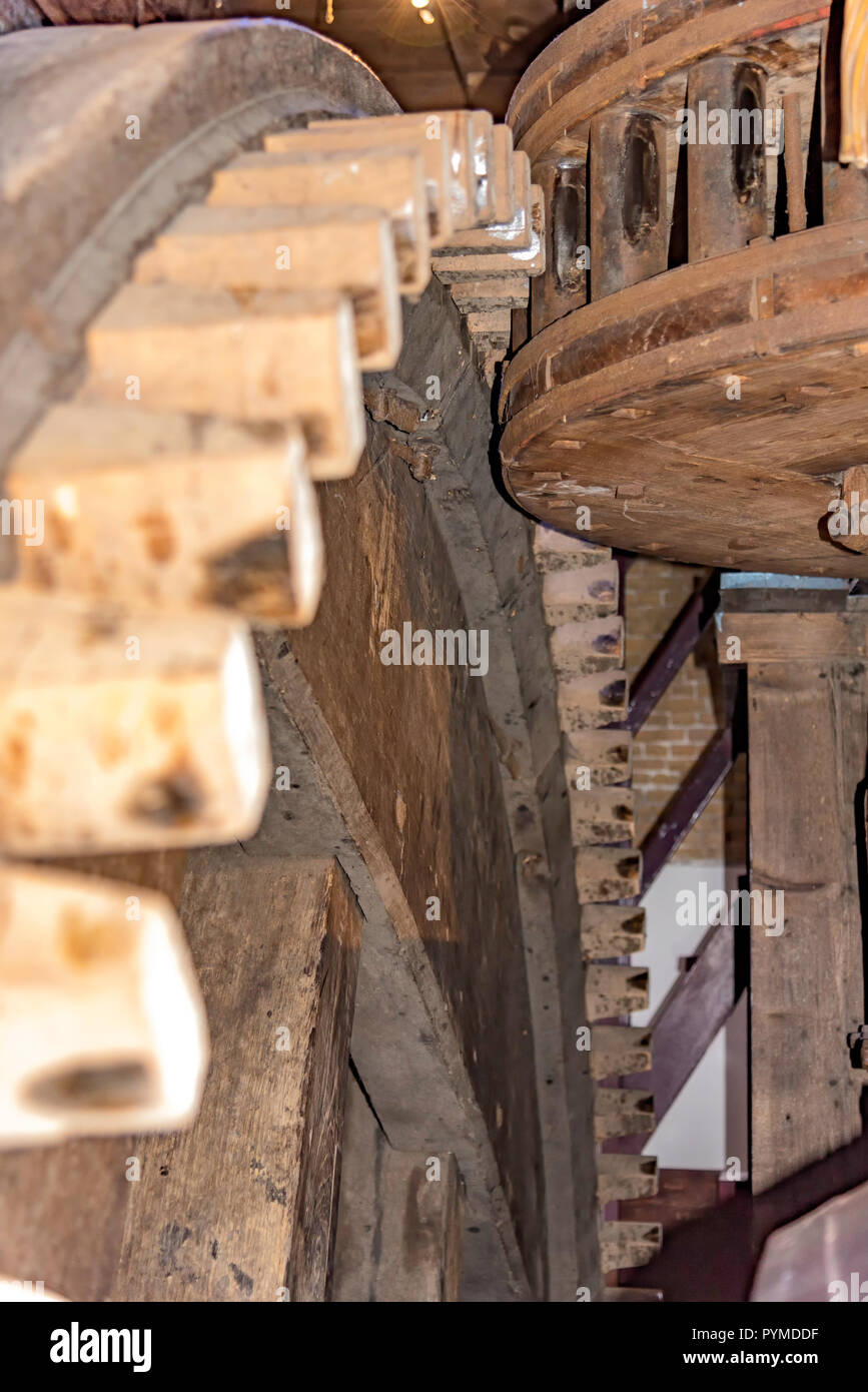 Wooden gearing of an antique Dutch windmill close-up view at Zaanse Schans, Netherlands Stock Photo