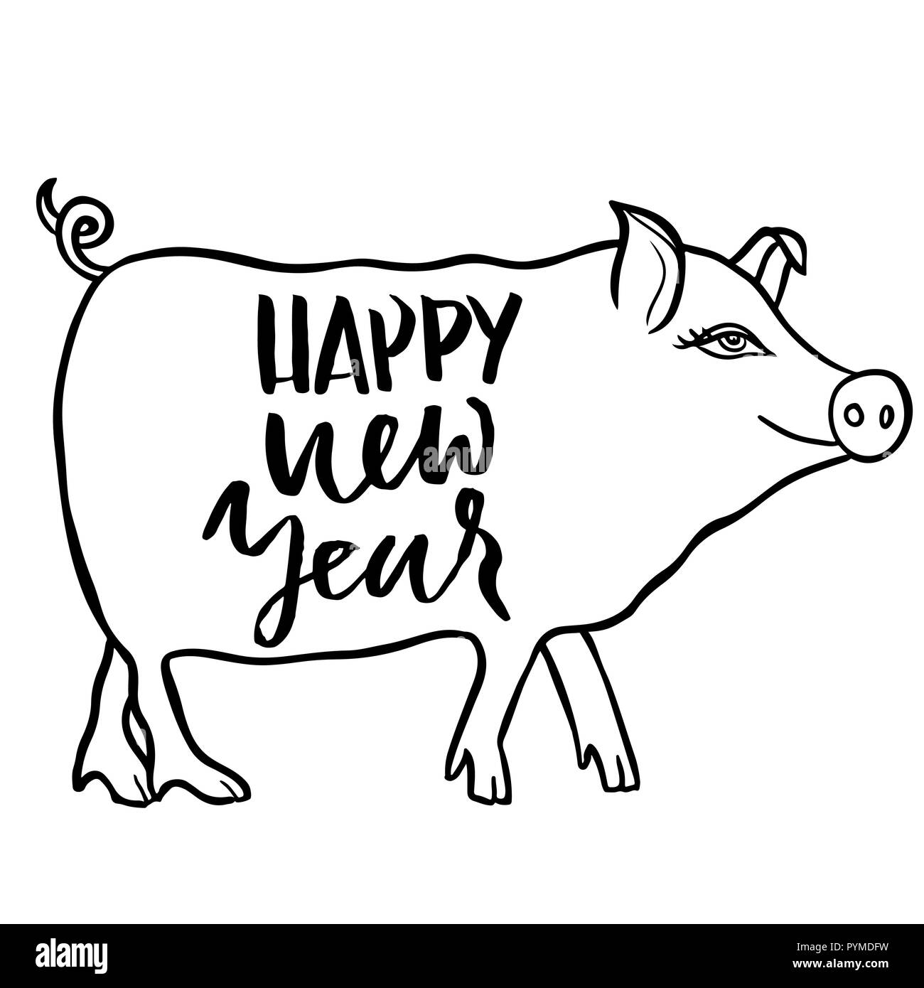 Asian new year sign. Funny pig. Happy new year. Vector illustration. Stock Vector