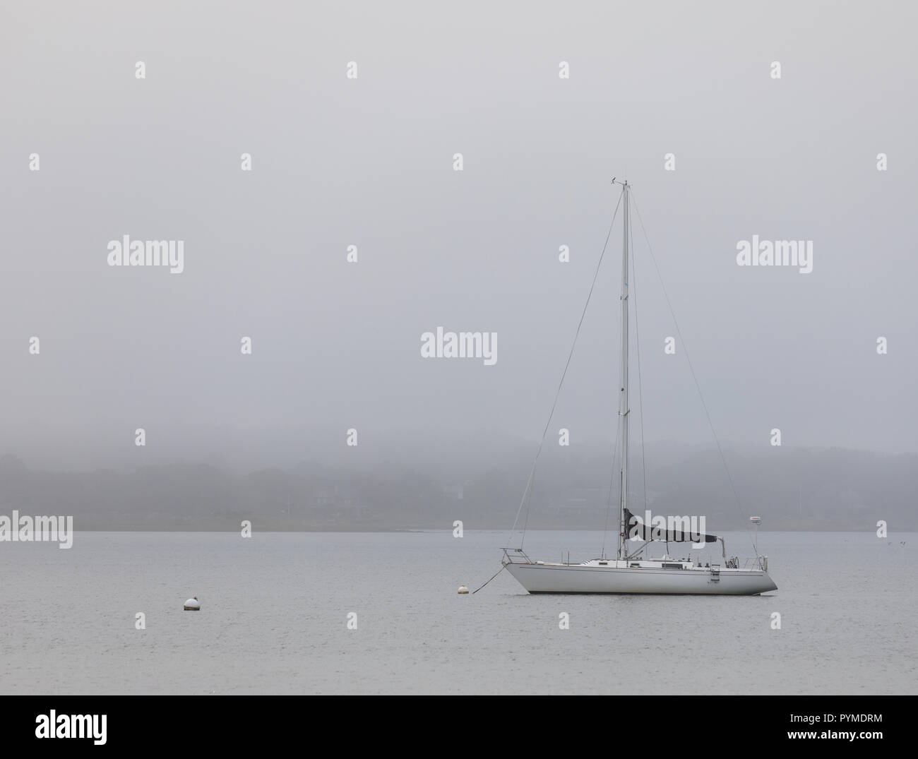 single sail boat on a mooring on a foggy day in Montauk Stock Photo