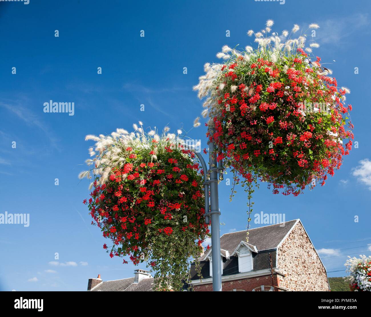 TWO DECORATIVE HANGING BASKETS ON AN URBAN LAMP POST, MONTHERME