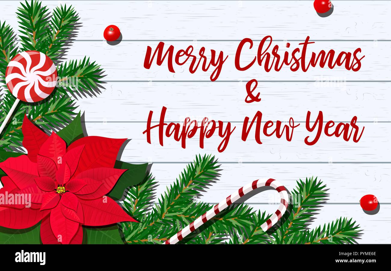 Christmas and new year decoration template with fir tree, Poinsettia ...