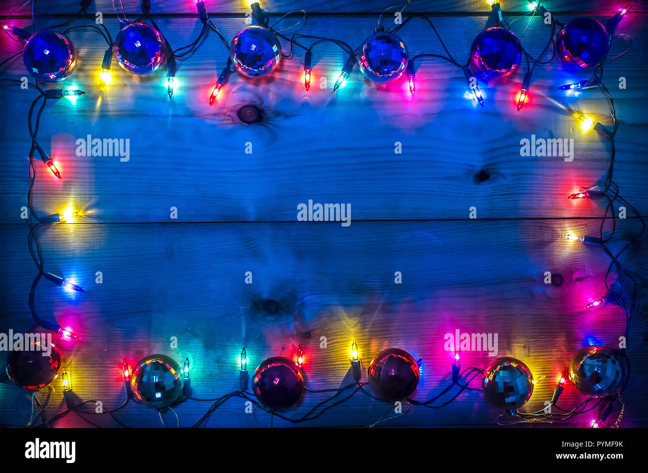 Christmas lights frame background. Empty space for text or draw Stock Photo