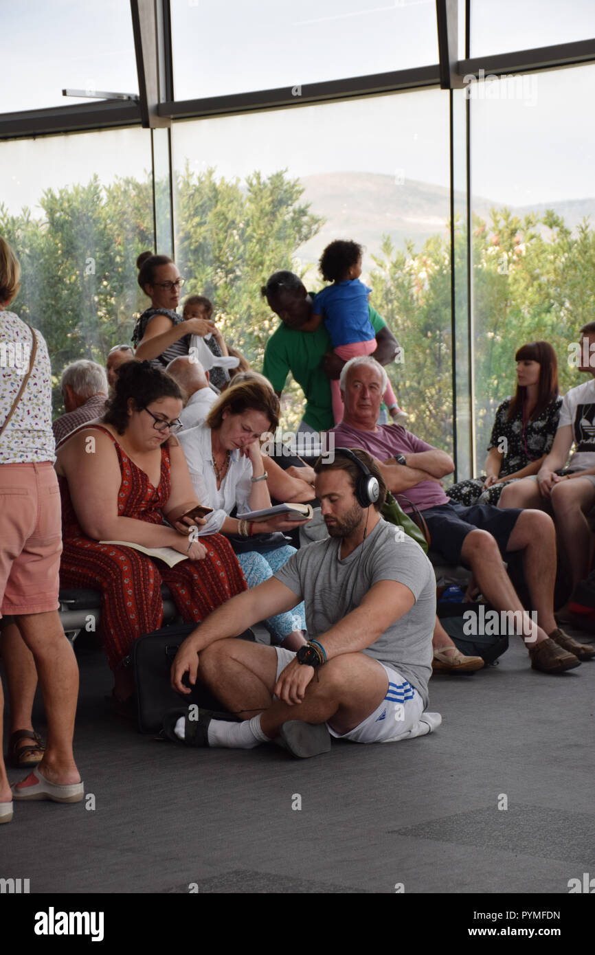 Passengers waiting for flight to London Luton, Split airport, Croatia, Sep 2018 Stock Photo