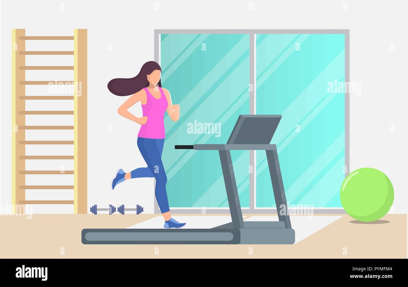 Young beautiful woman running on a treadmill in a gym. Girl running. Vector illustration in flat style Stock Vector