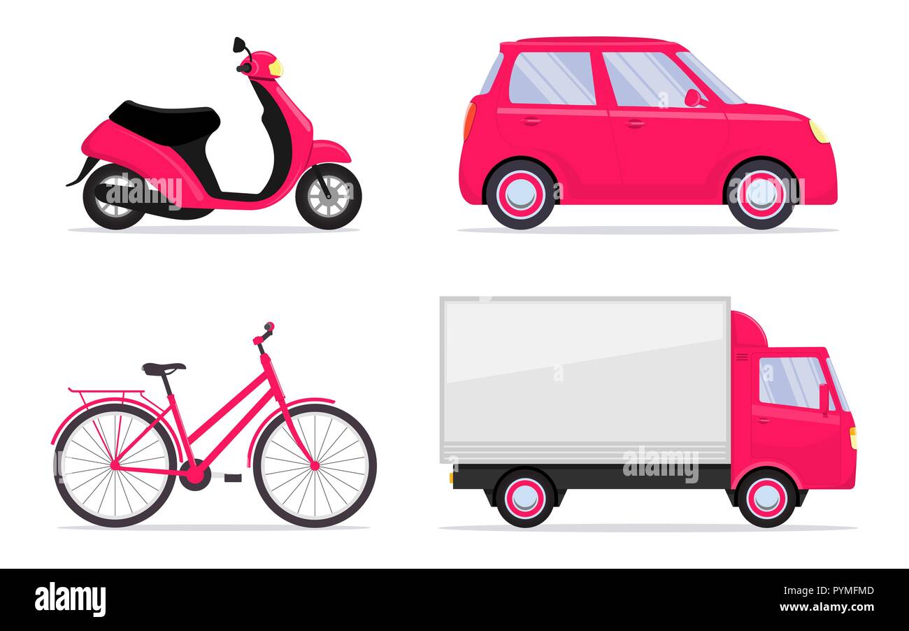 Different vehicles, set. Car, bike, bicycle, scooter, moped truck Transport icons Vector illustration in flat style Stock Vector