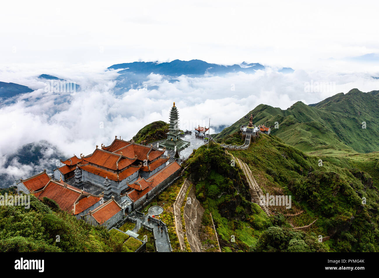 Beautiful view from Fansipan mountain with a Buddhistic temple. Sa Pa, Lao Cai Province, Vietnam. Stock Photo