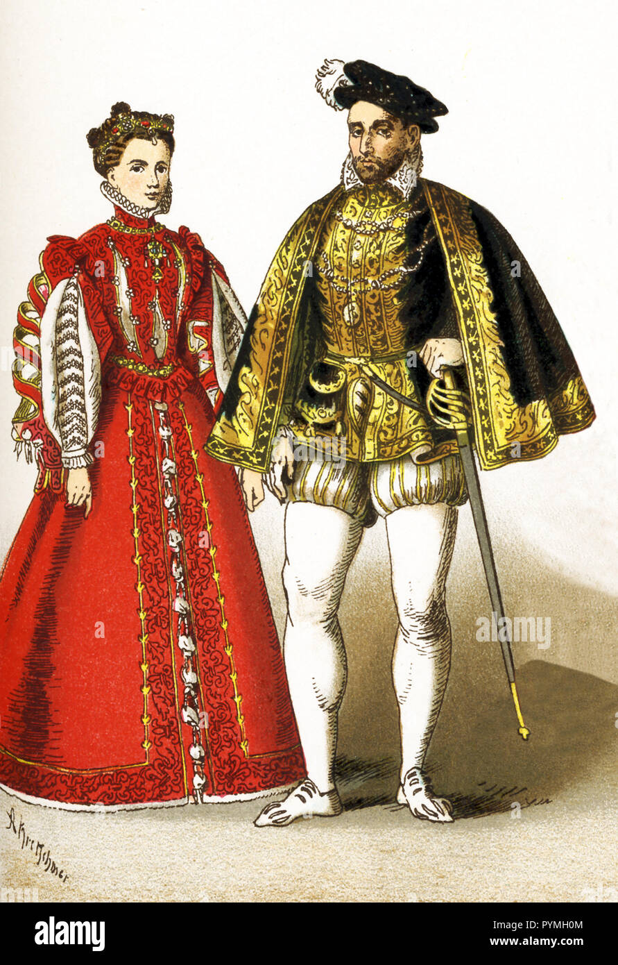 The figures represented here are all French people between 1550 and 1600. They are Elizabeth (also Elizabeth of Valois - daughter of Henry II, third wife of Philip II of Spain) and Henry II (died 1559). This illustration dates to 1882. Stock Photo