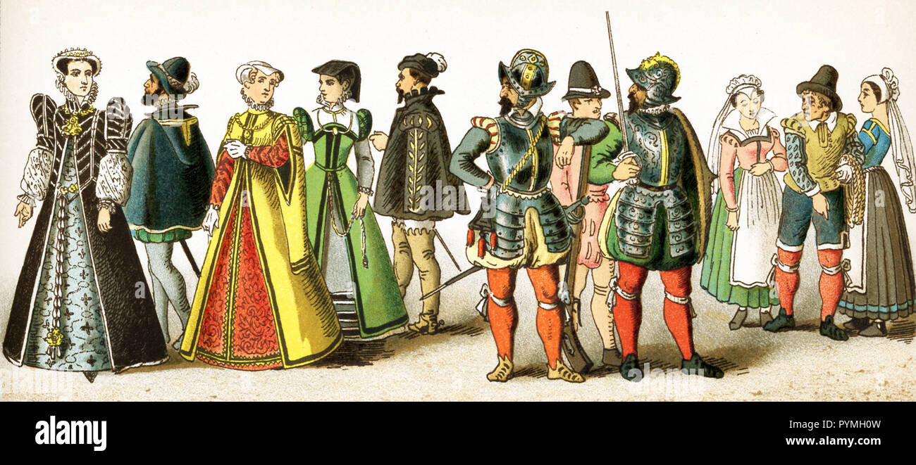The figures represented here are all French people between 1550 and 1600. They are from left to right: Catherine de Medici (died 1589), a man of rank, two women of rank, a nobleman, a musketeer, a soldier, an officer, three people of the lower classes (a mariner and two women); Elizabeth (also Elizabeth of Valois - daughter of Henry II, third wife of Philip II of Spain), Henry II (died 1559); consort of Charles IX; Charles IX and Charles IX (died 1574). This illustration dates to 1882. Stock Photo
