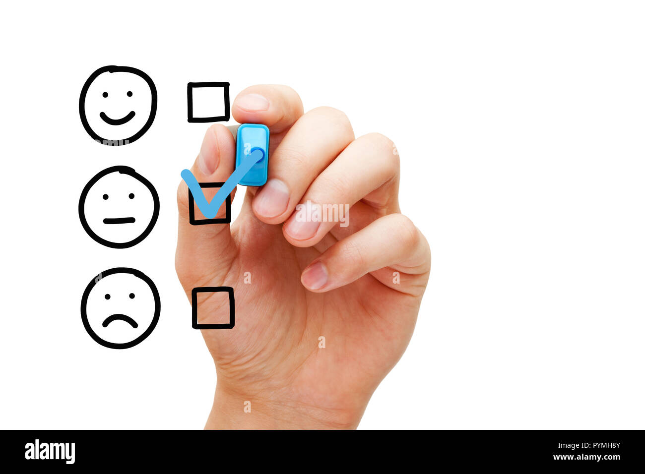Hand putting check mark with blue marker on blank average customer survey evaluation form isolated on white. Stock Photo