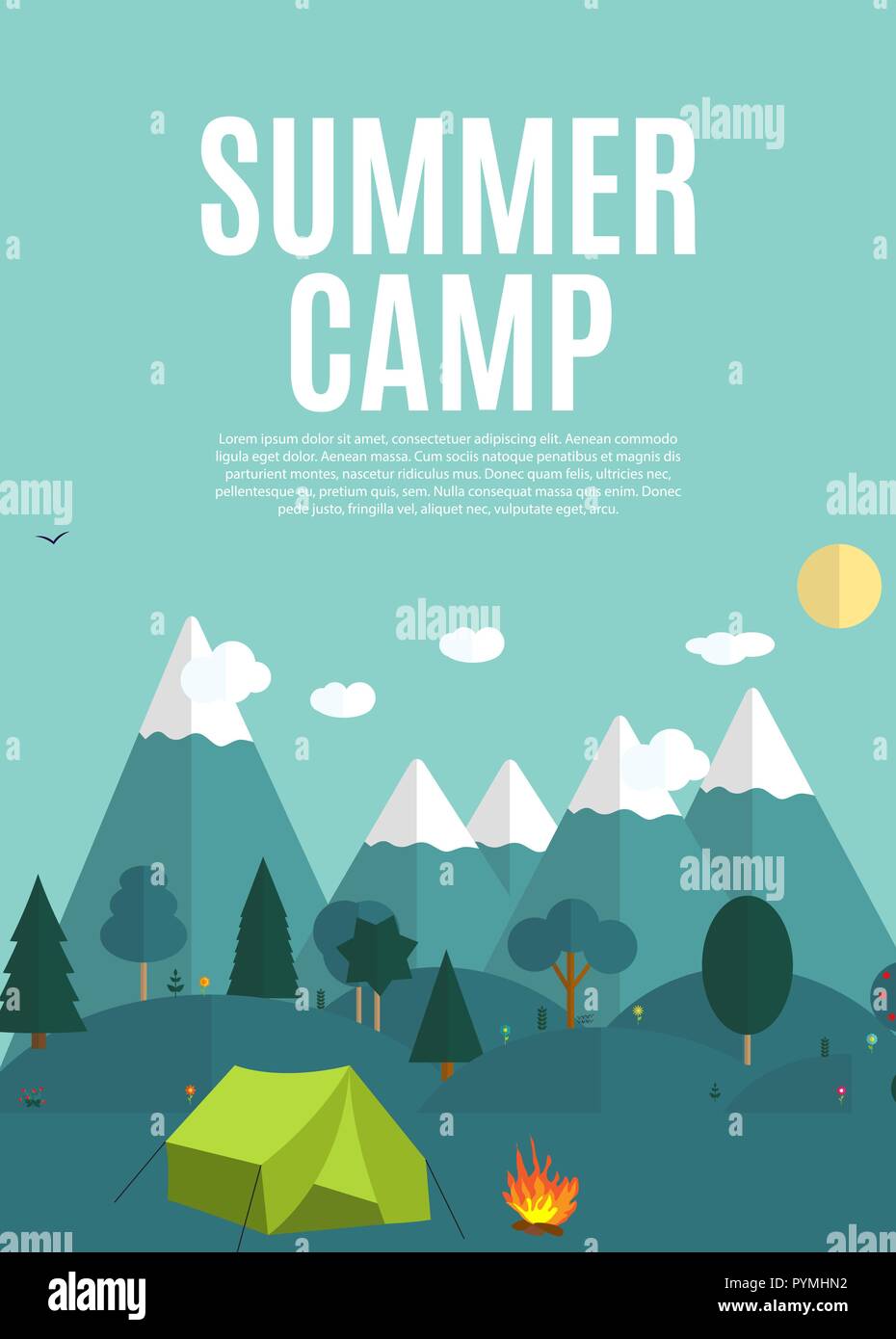 Summer Camping Nature Background in Modern Flat Style with Sample Text Stock Vector