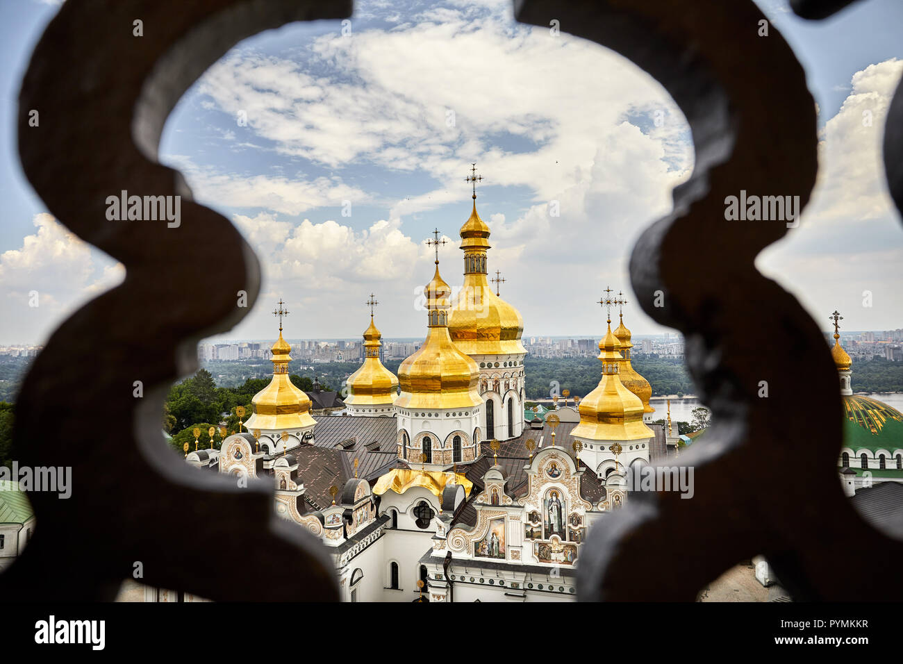Church with golden domes at Kiev Pechersk Lavra Christian complex. Old historical architecture in Kiev, Ukraine Stock Photo