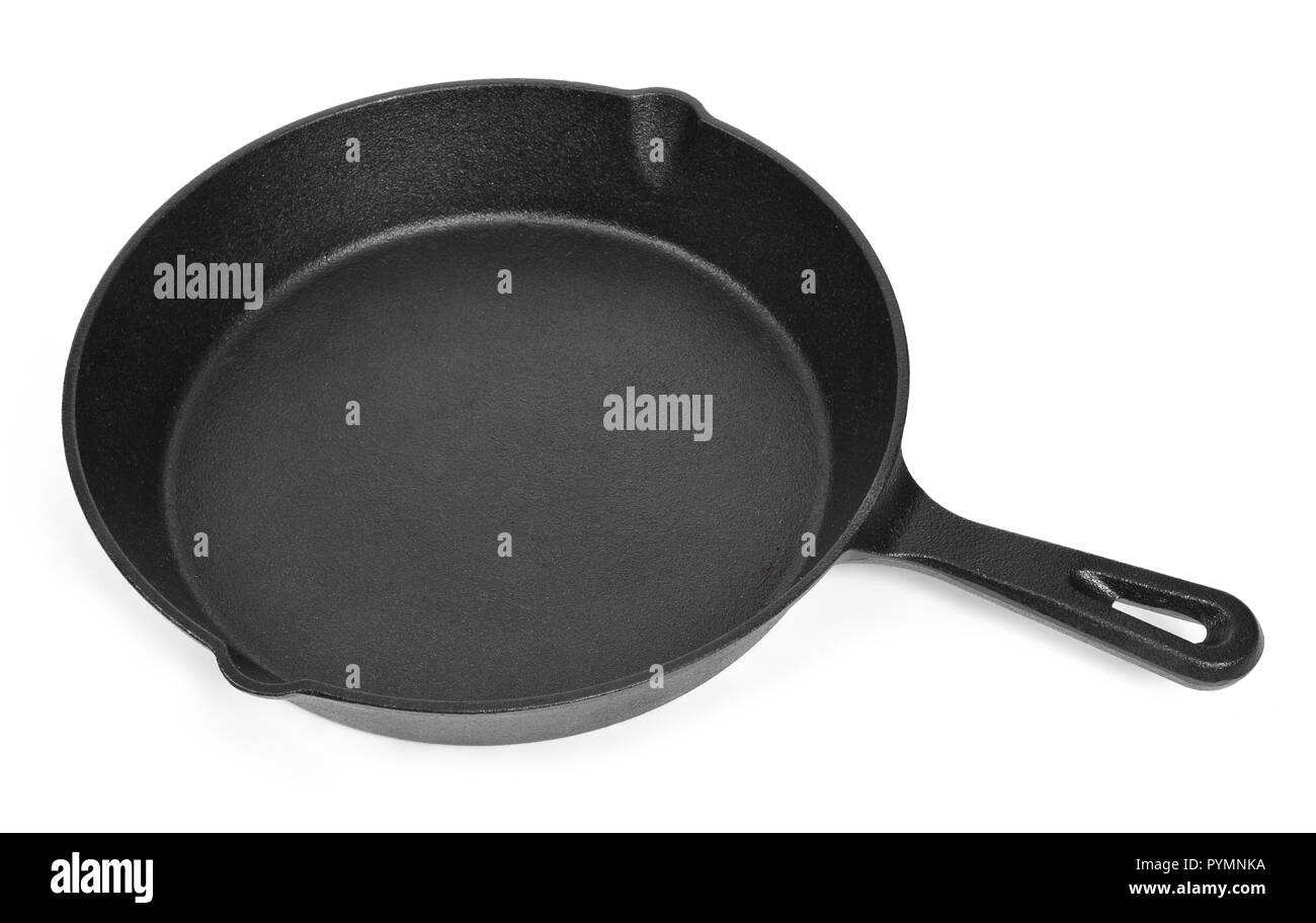 Cast iron pans with empty space, isolated on white background. Cut out objects with top view or high angle view and copy space. Stock Photo