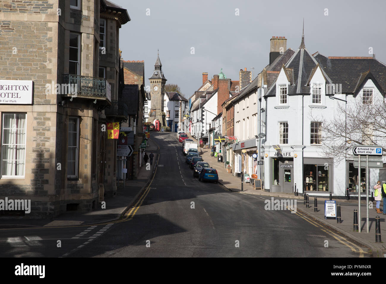 A view up the High Street in Knighton, Wales Stock Photo