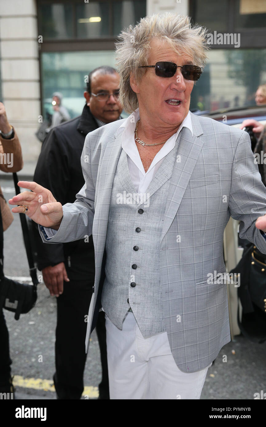 Rod Stewart arriving at BBC Radio Two Studios to appear on Chris Evans Breakfast Show.  His wife, Penny Lancaster was seen carrying a box of baby stuff to give to Chris Evans who just recently had IVF Twins - London  Featuring: Rod Stewart Where: London, United Kingdom When: 28 Sep 2018 Credit: WENN.com Stock Photo