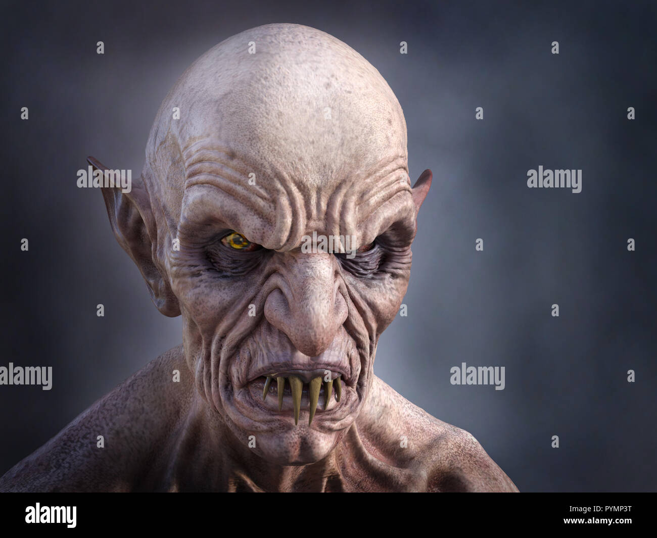 3D rendering portrait of a an old, evil looking male vampire with fangs. Stock Photo