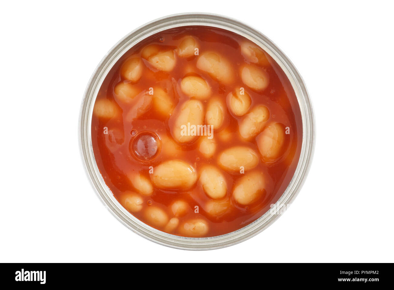 Open can of baked beans shot from above isolated on white Stock Photo