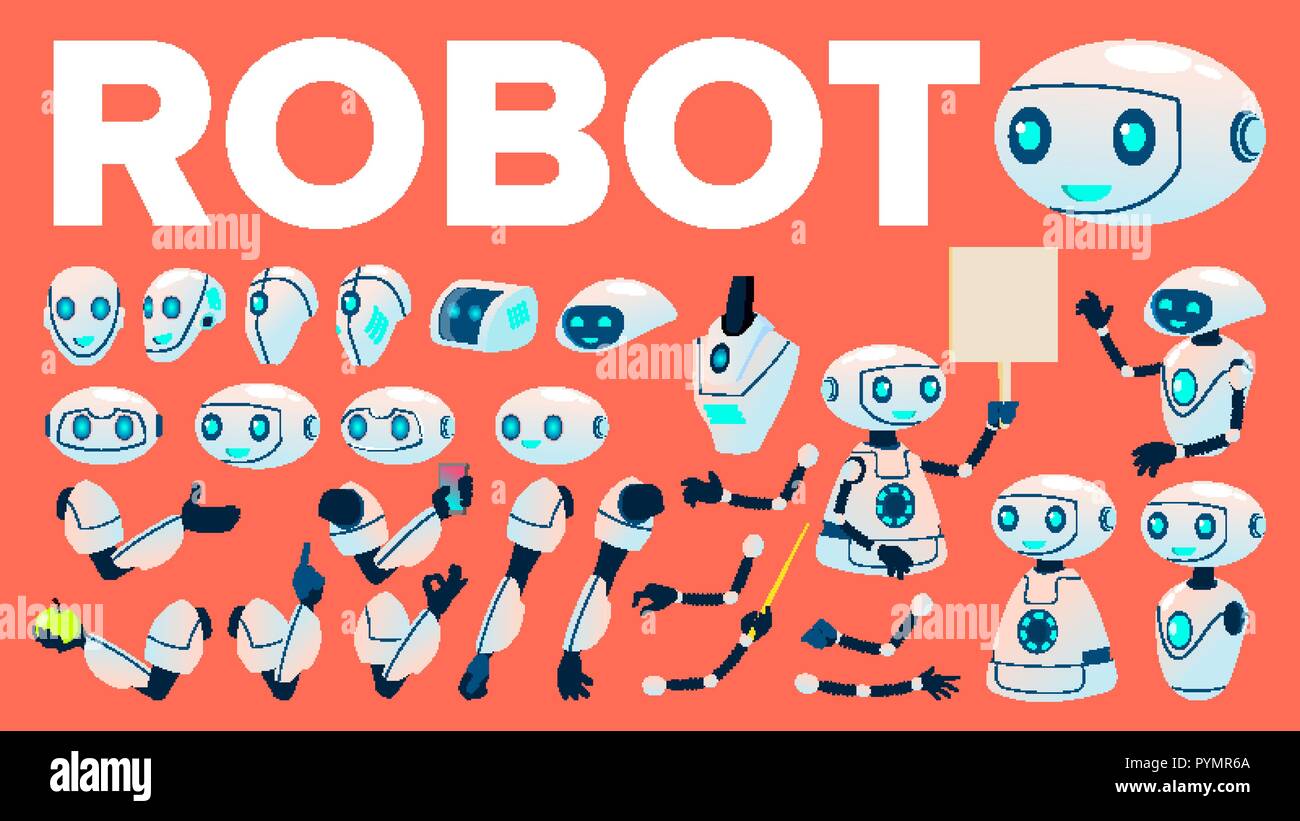 Robot Vector. Animation Set. Futuristic Technology Automation Robot Helper. Cybernetic Ai Machine. Animated Artificial Intelligence. Web Design. Isolated Illustration Stock Vector