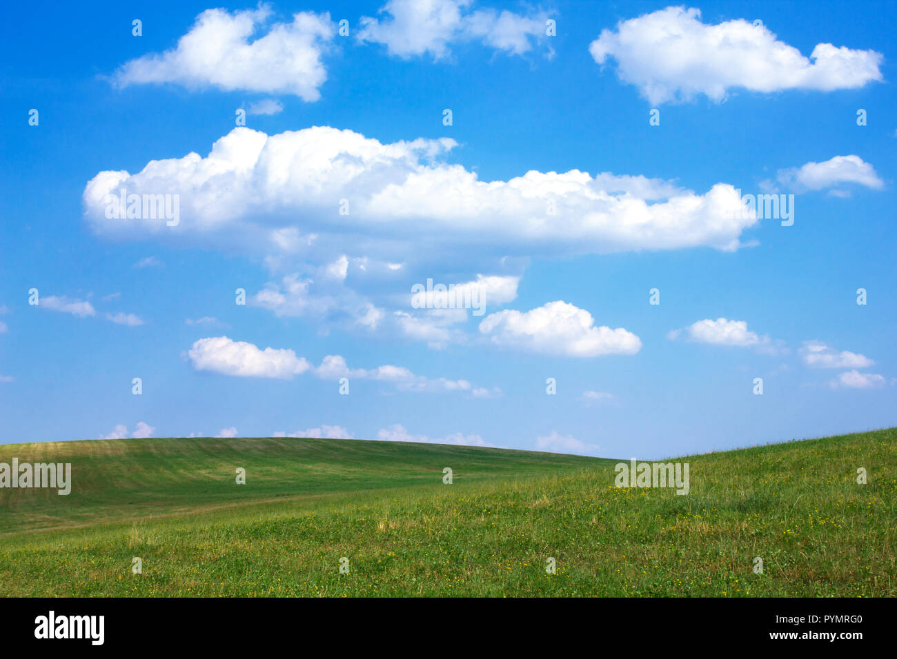 Rolling green hills and blue sky with white clouds Stock Photo - Alamy