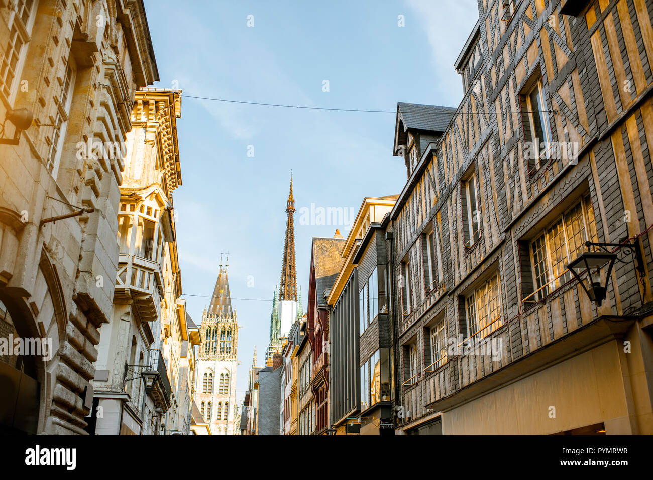 Ancient half-timbered houses on the street of the old town in Rouen city, the capital of 