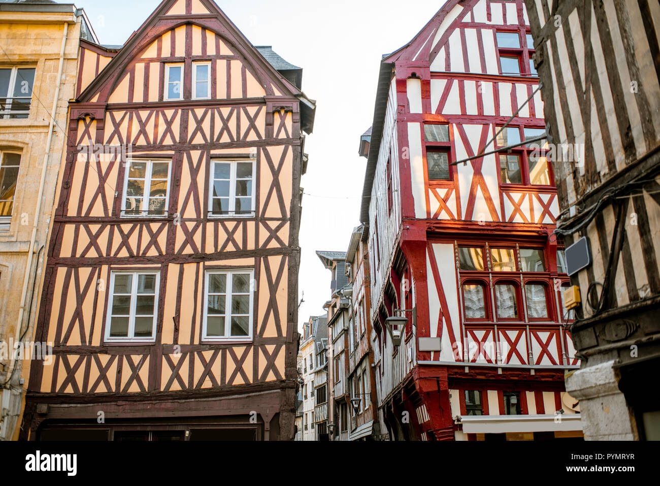 Ancient half-timbered houses on the street of the old town in Rouen city, the capital of 