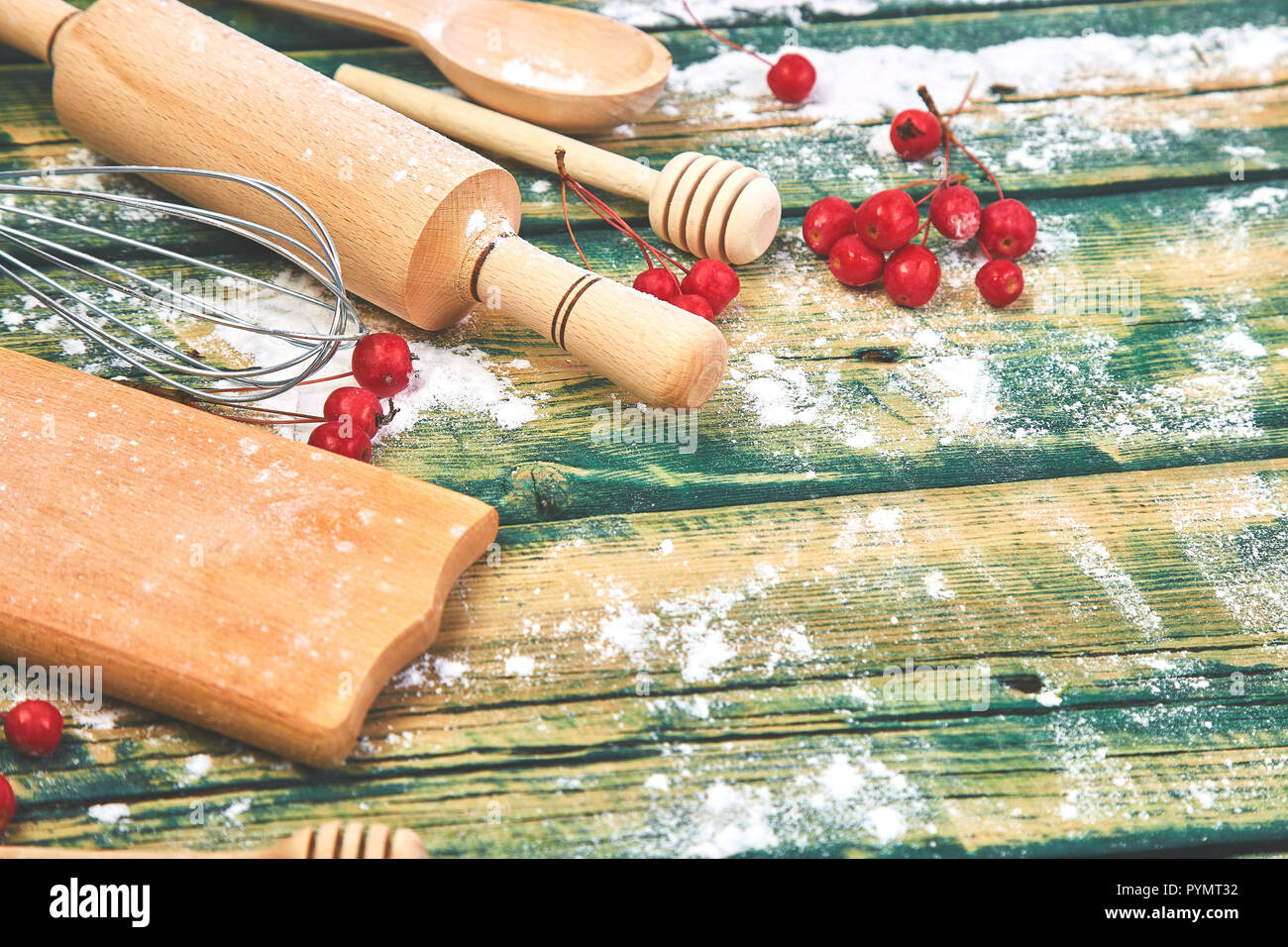 Cooking Or Baking Food Background With Kitchen Utensils Rolling Pin Cutting Board Spoon Flour And Berry On Green Wooden Rustic Background Top Vi Stock Photo Alamy