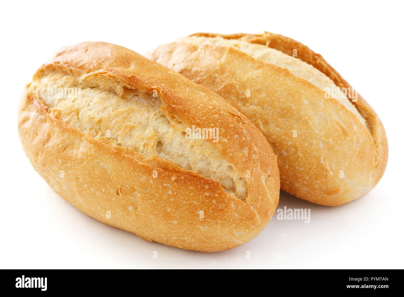 Two crusty mini baguettes on white surface Stock Photo