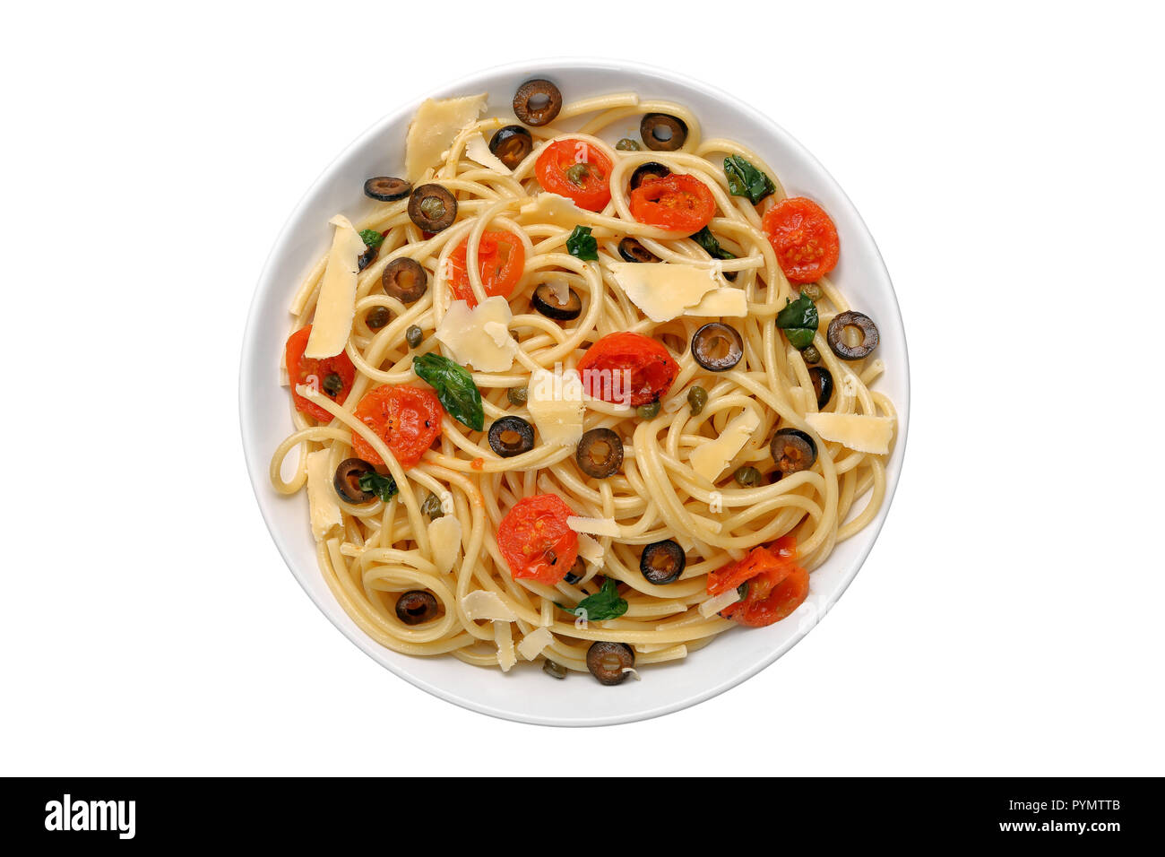 Spaghetti Alla Puttanesca, pasta with tomato and olives on white background Stock Photo