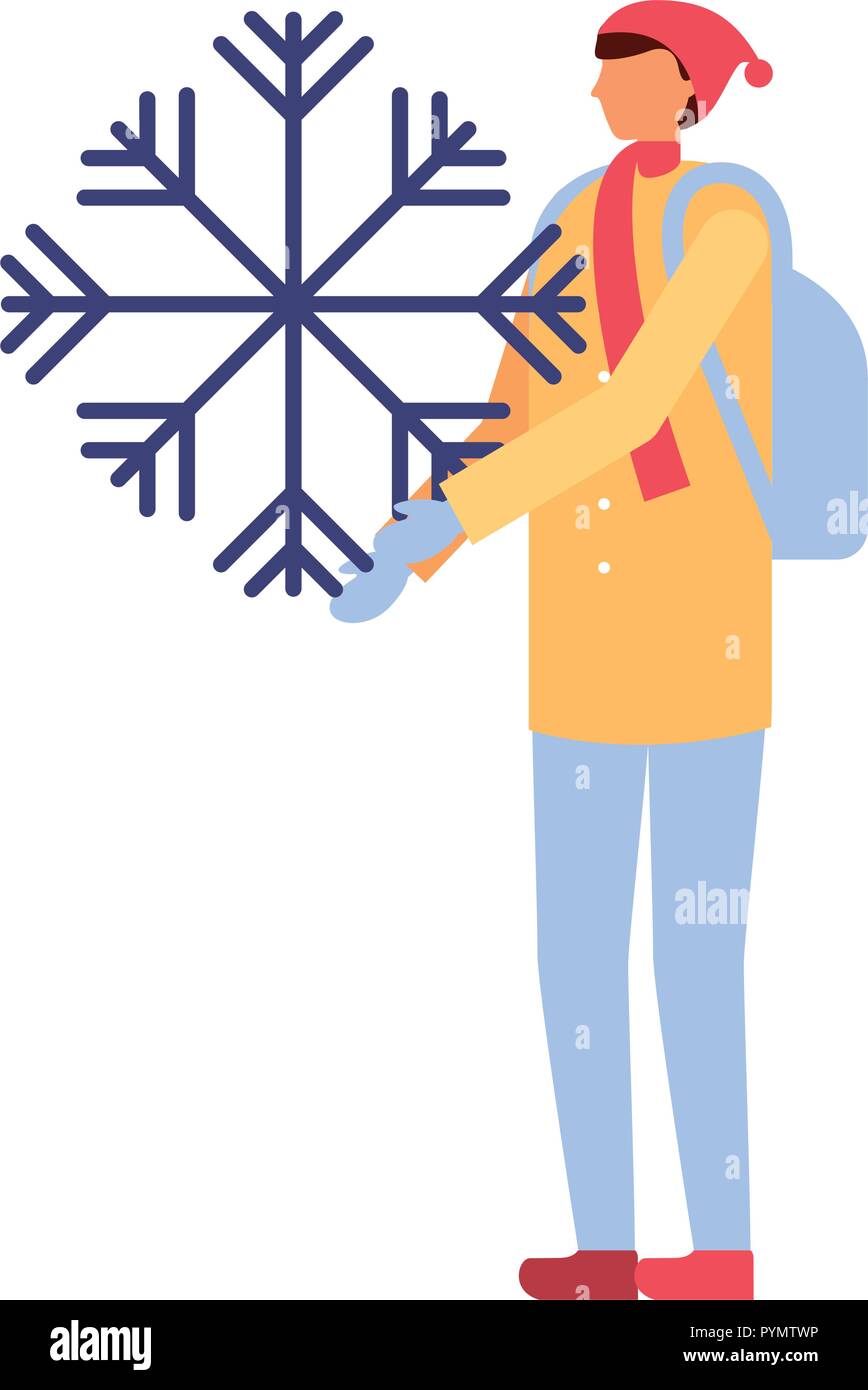 man with backpack holding snowflake winter Stock Vector