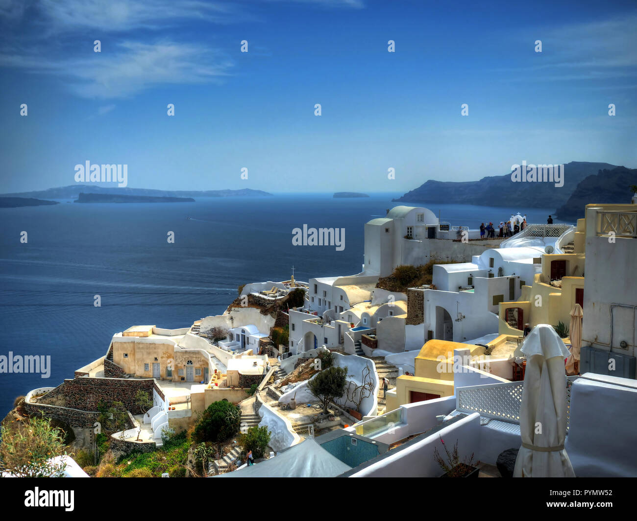Postal card of the town of Oya, view to the sea, Santorini, Greece Stock Photo