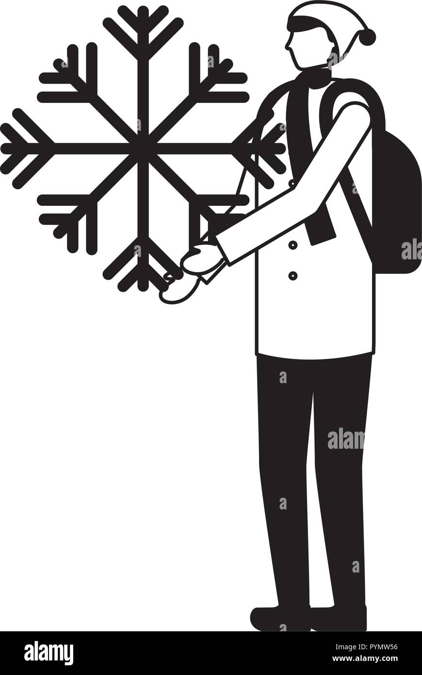 man with backpack holding snowflake winter Stock Vector