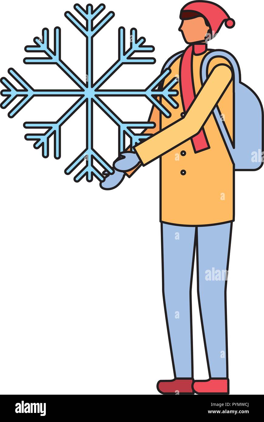 man with backpack holding snowflake winter Stock Vector