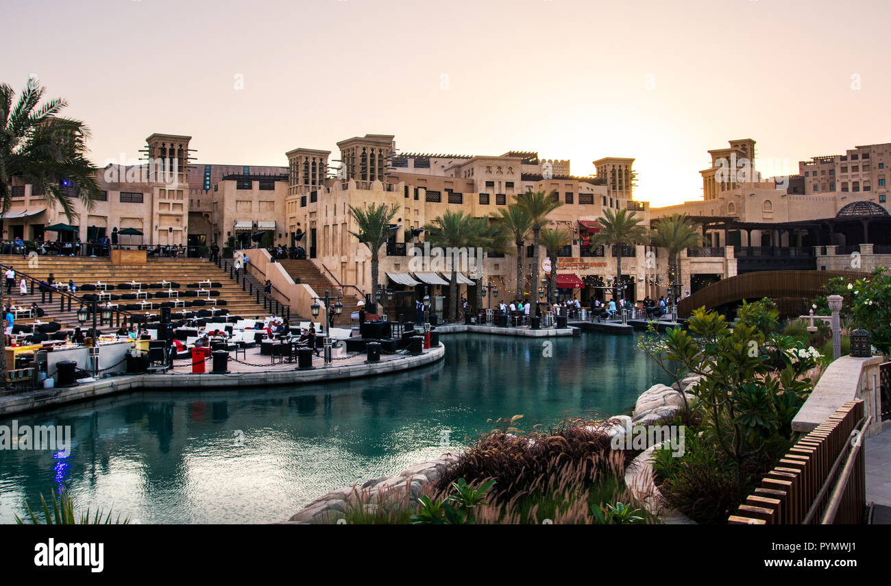 Dubai, United Arab Emirates - April 20, 2018: Sunst view at Madinat Jumeirah resort and restaurants, leasure travel spot in Dubai Stock Photo