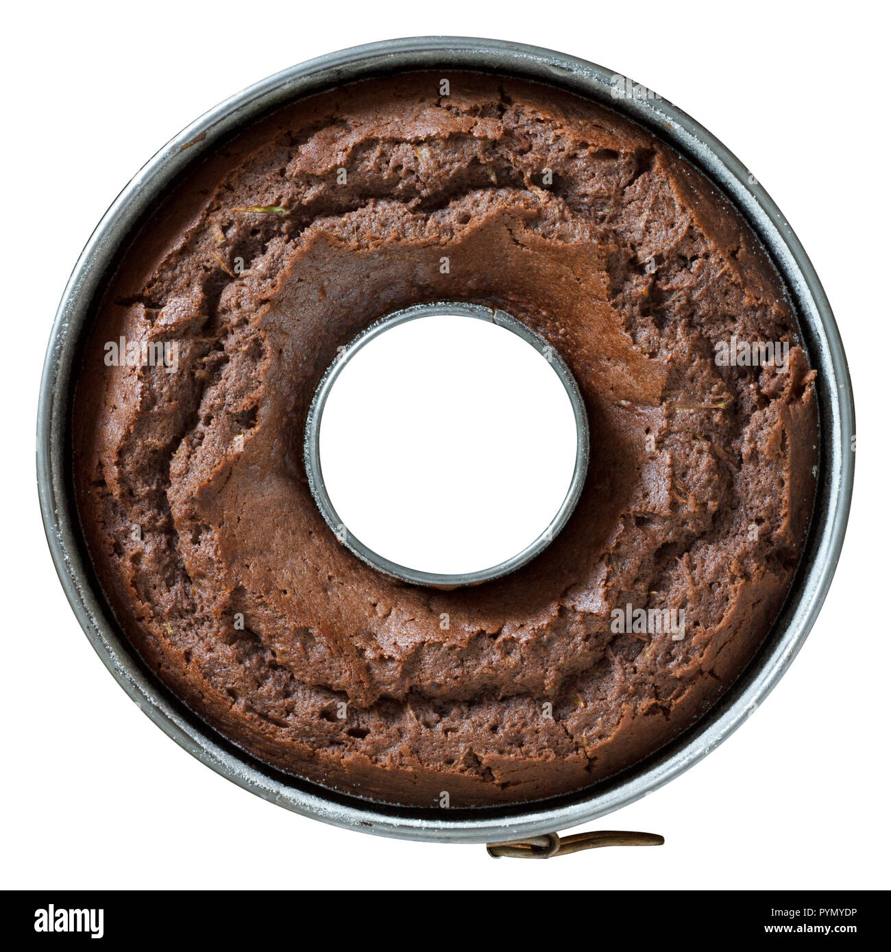 Adjustable round metal baking ring with chocolate sponge cake. Stock Photo