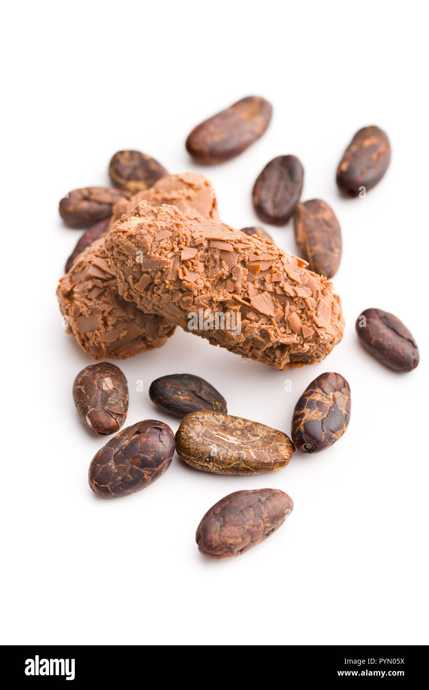 The chocolate pralines and cocoa beans isolated on white background. Stock Photo